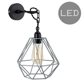 ValueLights Steampunk Style Satin Black Wall/Ceiling Light Fitting With Grey Metal Cage Shade And 4w LED Bulb In Warm White
