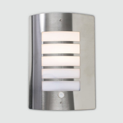 ValueLights Steel And Frosted Opal IP44 Rated PIR Motion Sensor Outdoor Garden Wall Mounted Security Light E27 Bulb Warm White