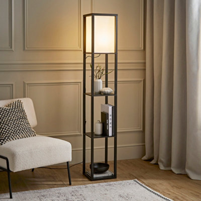 ValueLights Struttura Black Wood Floor Lamp with Storage Shelves - LED Bulb Included