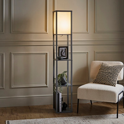 ValueLights Struttura Grey Wood Floor Lamp with Storage Shelves - LED Bulb Included