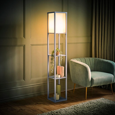 ValueLights Struttura Pastel Blue Wood Shelving Floor Lamp with Fabric Shade with LED Bulb