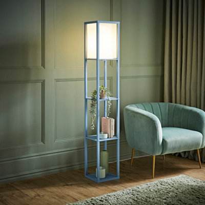 ValueLights Struttura Pastel Blue Wood Shelving Square Floor Lamp with Fabric Shade