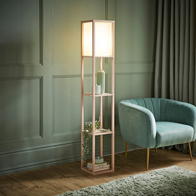 ValueLights Struttura Pastel Pink Wood Shelving Square Floor Lamp with Fabric Shade