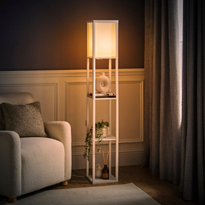 ValueLights Struttura White Wood Floor Lamp with Storage Shelves