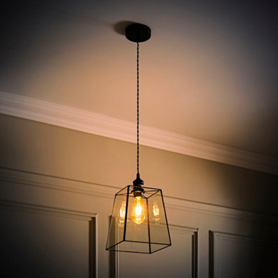 ValueLights Susie Glass Lantern Shade Matte Black Single Ceiling Pendant Light with LED Bulb