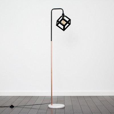 ValueLights Talisman Black Copper Metal and White Marble Base Floor Lamp with Black Puzzle Cube Shade