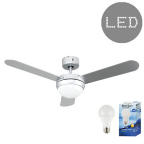 ValueLights Taurus 3 Way Silver Ceiling Fan Light and E14 Golfball LED 4W Warm White 3000K Bulb