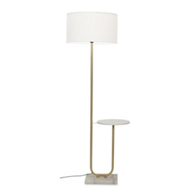 ValueLights Tavel Brushed Gold Floor Lamp With Table And White Shade