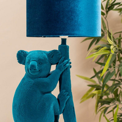 ValueLights Teal Velvet Koala Bedside Table Lamp with a Drum Lampshade Animal Bedroom Light