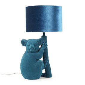 ValueLights Teal Velvet Koala Bedside Table Lamp with a Drum Lampshade Animal Bedroom Light
