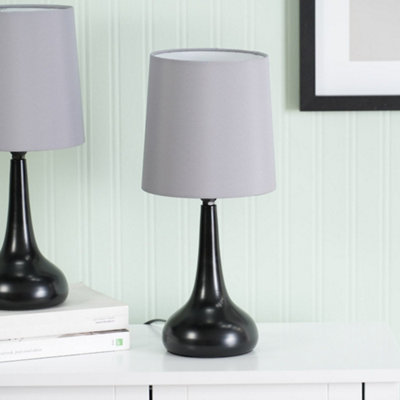 ValueLights Teardrop Pair of Black Touch Table Lamps with Grey Shade