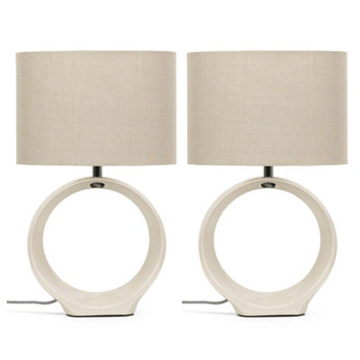 ValueLights Tia Pair of Natural Hoop Ceramic Bedside Table Lamps with a Fabric Lampshade Living Room Light - Bulbs Included