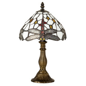 ValueLights Tiffany Style Antique Brass Effect Table Lamp With Jewelled Dragonfly Stained Glass Shade