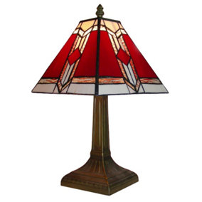 ValueLights Tiffany Style Bronze Base And Red And White Stained Glass Designer Aztec Table Lamp