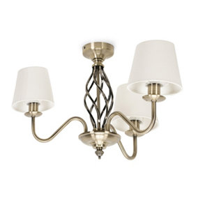 ValueLights Traditional Antique Brass 3 Light Ceiling Light Chandelier with Fabric Lampshades - Bulbs Included