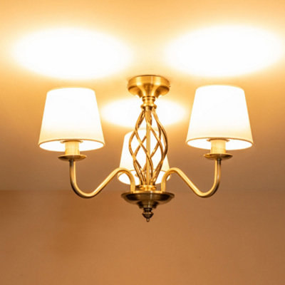 ValueLights Traditional Antique Brass 3 Light Ceiling Light Chandelier with Fabric Lampshades - Bulbs Included