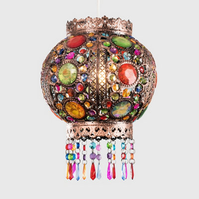 ValueLights Traditional Moroccan Bronze Chandelier Ceiling Light Pendant Shade With Acrylic Jewel Droplets