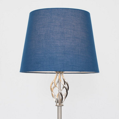 ValueLights Traditional Silver Satin Barley Twist Floor Lamp With Navy Blue Shade