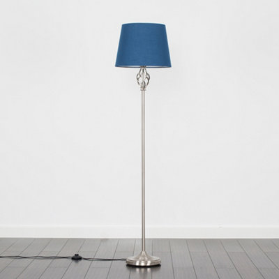 ValueLights Traditional Silver Satin Barley Twist Floor Lamp With Navy Blue Shade