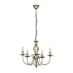 ValueLights Traditional Style Antique Brass Barley Twist 5 Way Ceiling Light Chandelier