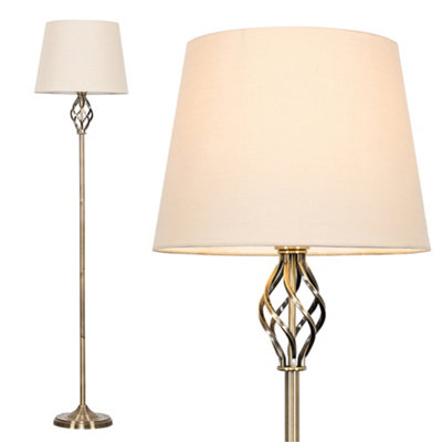 ValueLights Traditional Style Antique Brass Barley Twist Floor Lamp With Beige Light Shade