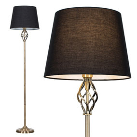 ValueLights Traditional Style Antique Brass Barley Twist Floor Lamp With Black Tapered Light Shade