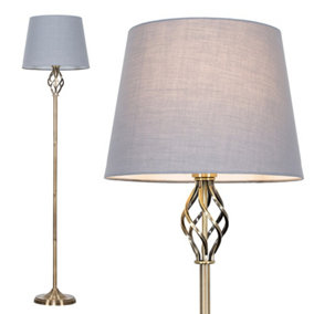 ValueLights Traditional Style Antique Brass Barley Twist Floor Lamp With Grey Light Shade