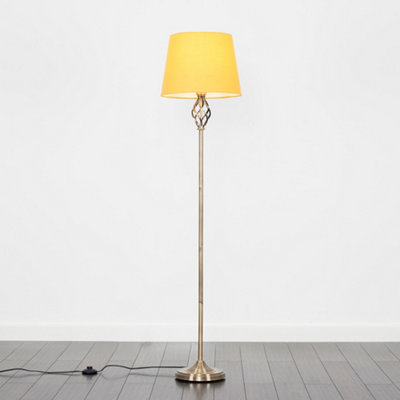 ValueLights Traditional Style Antique Brass Barley Twist Floor Lamp With Mustard Light Shade