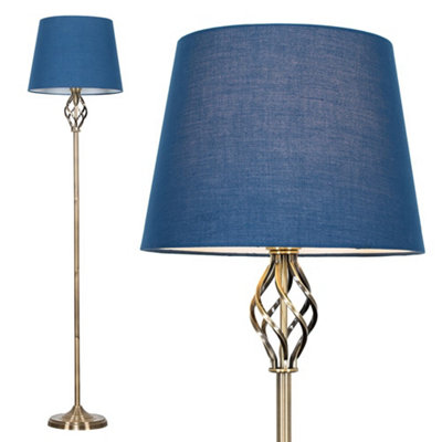 ValueLights Traditional Style Antique Brass Barley Twist Floor Lamp With Navy Blue Light Shade