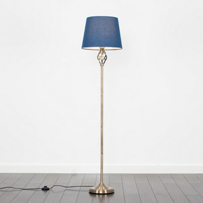 ValueLights Traditional Style Antique Brass Barley Twist Floor Lamp With Navy Blue Light Shade