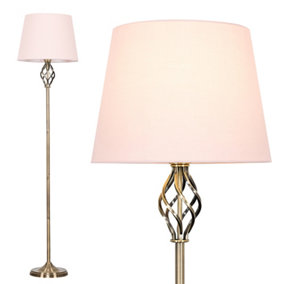 ValueLights Traditional Style Antique Brass Barley Twist Floor Lamp With Pink Light Shade