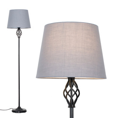 ValueLights Traditional Style Black Barley Twist Floor Lamp With Grey Light Shade