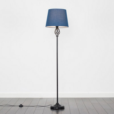ValueLights Traditional Style Black Barley Twist Floor Lamp With Navy Blue Light Shade
