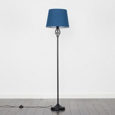 ValueLights Traditional Style Black Barley Twist Floor Lamp With Navy Blue Light Shade