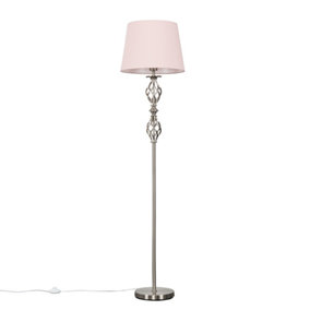 ValueLights Traditional Style Brushed Chrome Double Twist Floor Lamp With Pink Shade