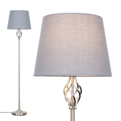 ValueLights Traditional Style Satin Nickel Barley Twist Floor Lamp With Grey Light Shade