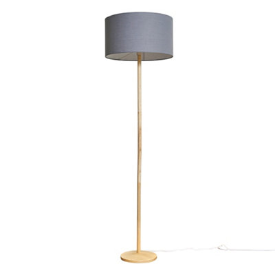 ValueLights Triston Single Stem Natural Light Wood Floor Lamp with Dark Grey Drum Shade