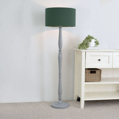 ValueLights Victoria Traditional Grey Wood Candlestick Floor Lamp with Forest Green Drum Shade - LED Bulb Included