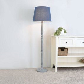 ValueLights Victoria Traditional Grey Wood Candlestick Floor Lamp with Navy Blue Tapered Shade