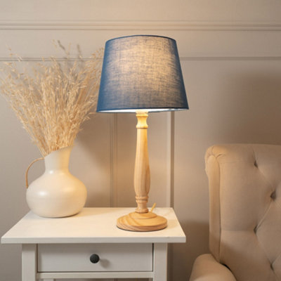 ValueLights Victoria Traditional Light Wood Candlestick Table Lamp with Navy Blue Tapered Shade