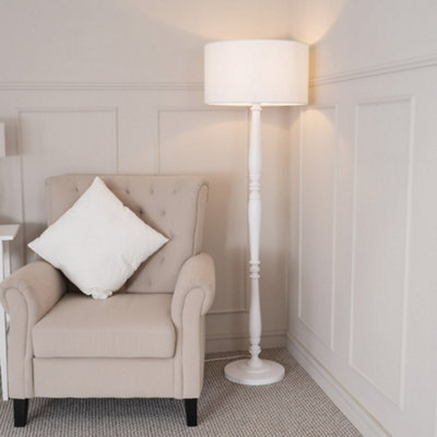 ValueLights Victoria Traditional Grey Wood Candlestick Floor Lamp With Black Drum Shade