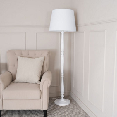 ValueLights Victoria Traditional White Wood Candlestick Floor Lamp with White Tapered Shade LED Bulb Included