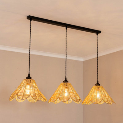 ValueLights Vine Natural Rattan Flower Shade 3 Drop Matte Black Diner Ceiling Pendant Light