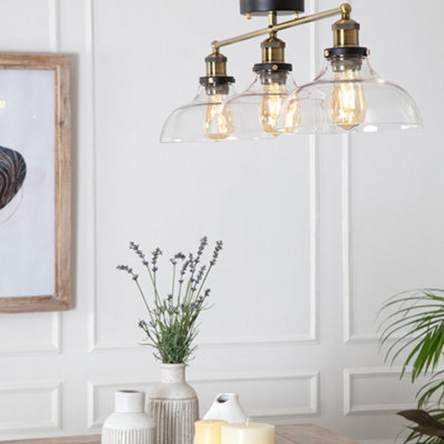 ValueLights Wallace Industrial 3 Way Black and Gold Ceiling Light Fitting with Glass Light Shades