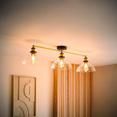 ValueLights Wallace Industrial 3 Way Black and Gold Ceiling Light Fitting with Glass Light Shades