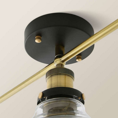 ValueLights Wallace Industrial 3 Way Black and Gold Ceiling Light Fitting with Glass Light Shades