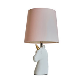 ValueLights White and Gold Ceramic Unicorn Table Lamp With Dusty Pink Tapered Light Shade With LED Golfball Bulb In Warm White