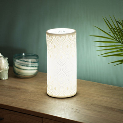 ValueLights White Cylinder Intricate Patterned Ceramic Table Lamp Bedroom Bedside Light - Bulb Included