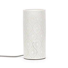 ValueLights White Cylinder Intricate Patterned Ceramic Table Lamp Bedroom Bedside Light