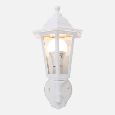 ValueLights White Outdoor Security IP44 Rated Wall Light Lantern With PIR Motion Detector Sensor And 15w LED GLS Bulb Cool White